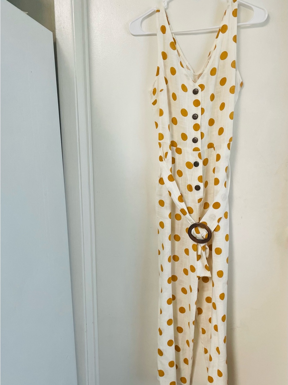 Monteau Cream Jumpsuit with Mustard Polka Dot Print and Belt - Picture 2 of 10